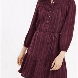 Loft Woman’s Maroon Prairie Dress SZ L Pleated Button Drop Waist‎ Peasant Boho
